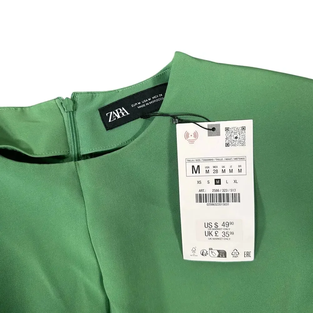 Zara Women's Crepe Mini Dress with Shoulder Pads Green Size M